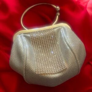 Elegant Chic Shimmery Silver Small Evening Bag Unique Circular Handle Closure